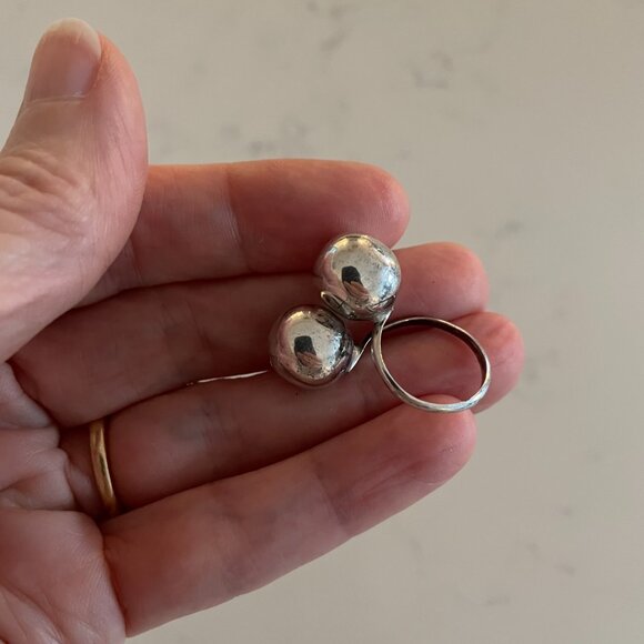 Vintage Sterling Silver 925 Stamped Boho Modernist Double Ball Adj Ring Sz OS - Picture 4 of 12